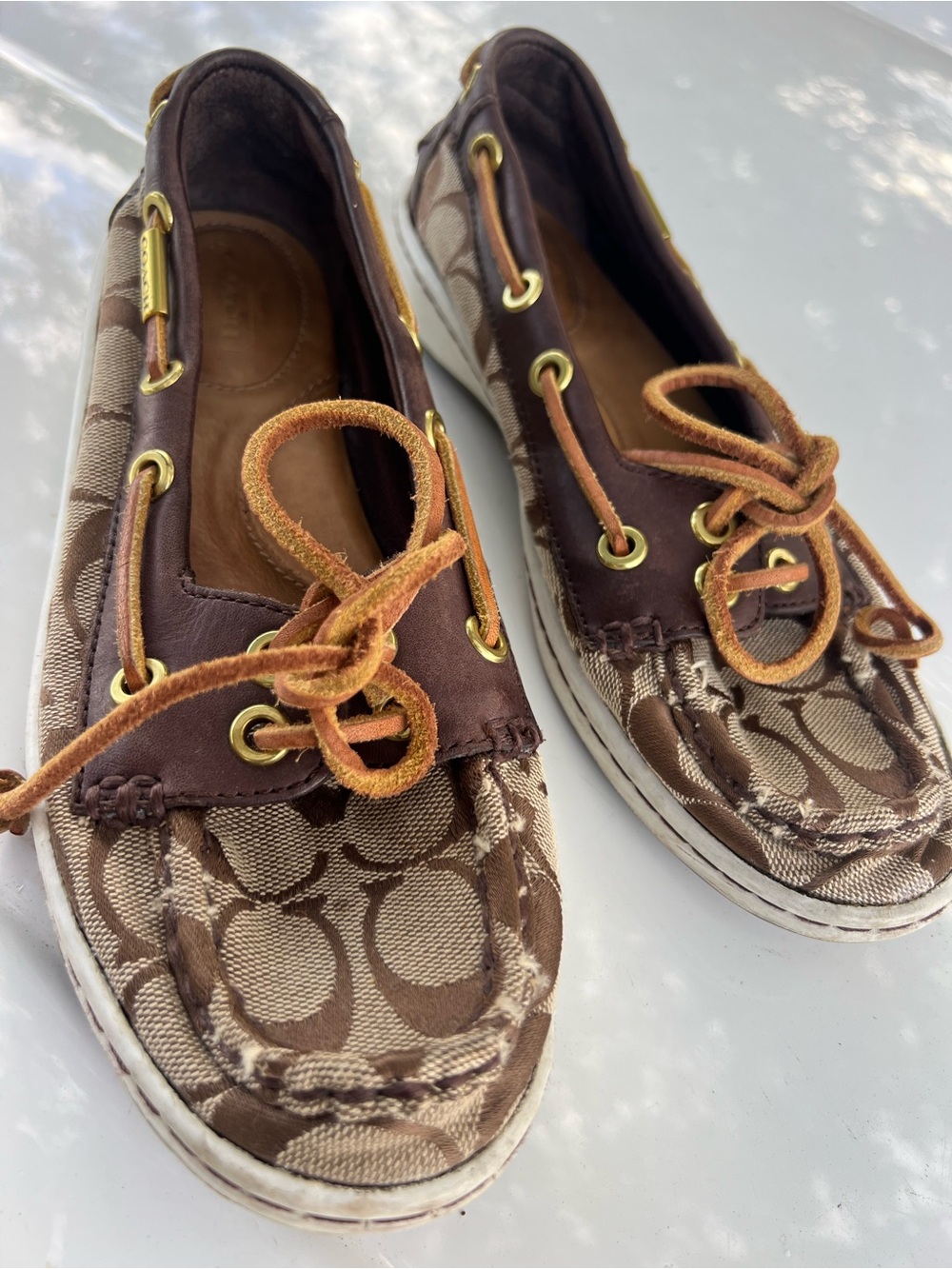 Coach Brown Signature-Pattern Boat Shoes with Leather Trim